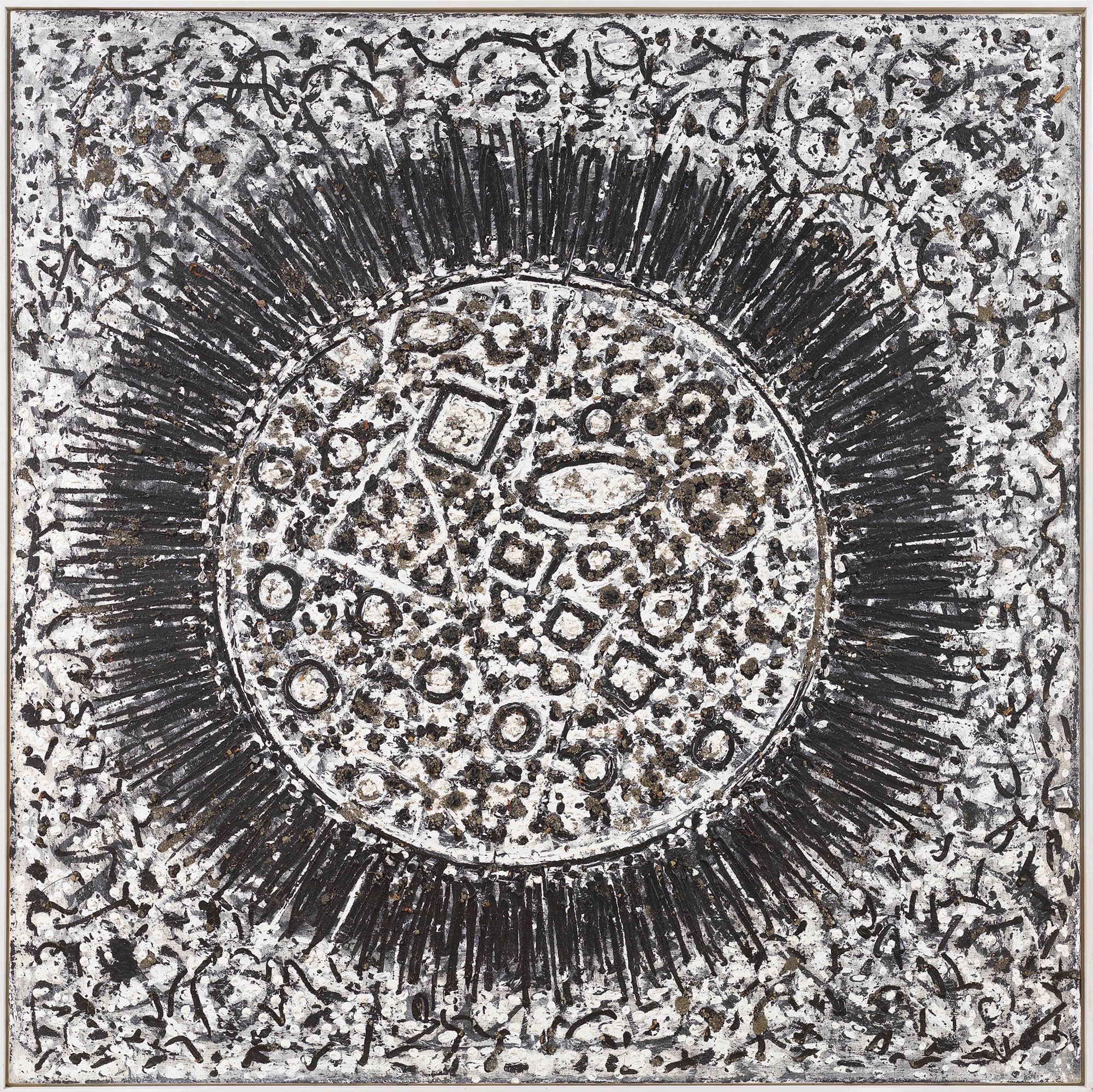 _Burning Black Circle (Radiance, Fiery Circle)_, 1978–80, acrylic gravel, wood chips, leaves, and sticks on linen, 80 x 80 in. (203.2 x 203.2 cm)
– The Richard Pousette-Dart Foundation