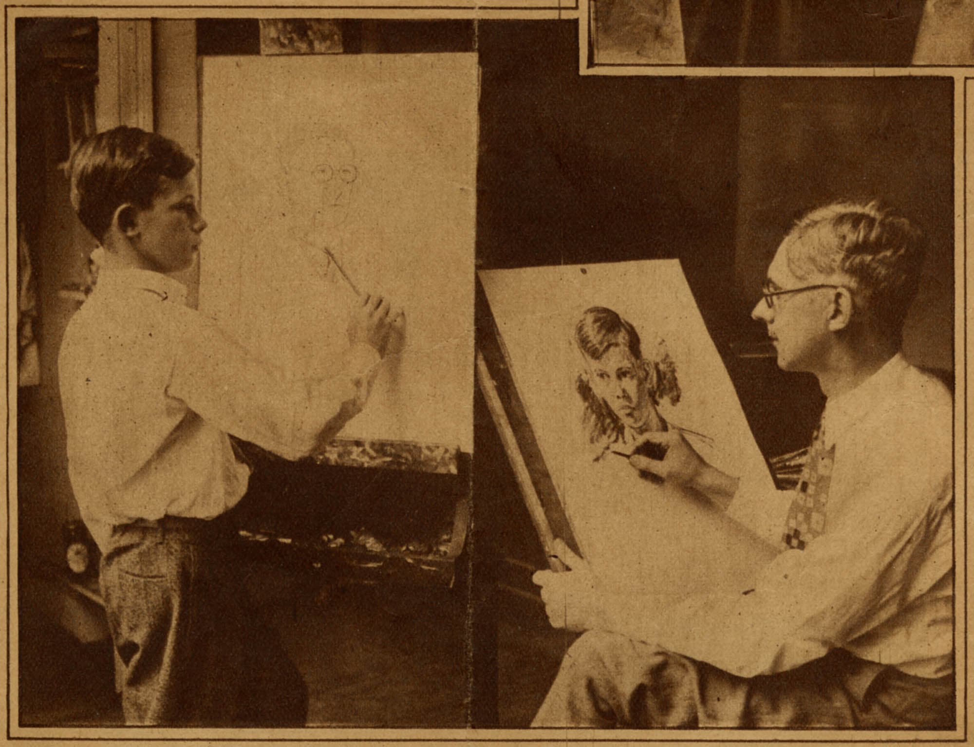 In 1928, Nathaniel Pousette-Dart and 12 year old Richard drawing each other’s portraits. The father-son image appeared in 16 newspapers nationally.
– The Richard Pousette-Dart Foundation