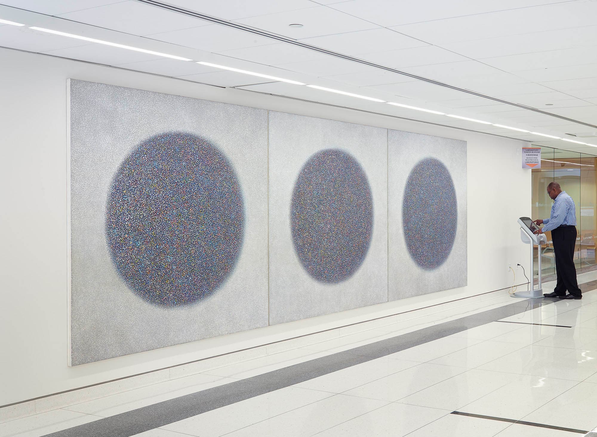 _Presence, Healing Circles_ (Installation), 1973–74, acrylic on canvas, 84 x 252 in. (213.4 x 640.1 cm). Collection of North Central Bronx Hospital in Corperation with New York State Facilities and Development Corporation
– The Richard Pousette-Dart Foundation