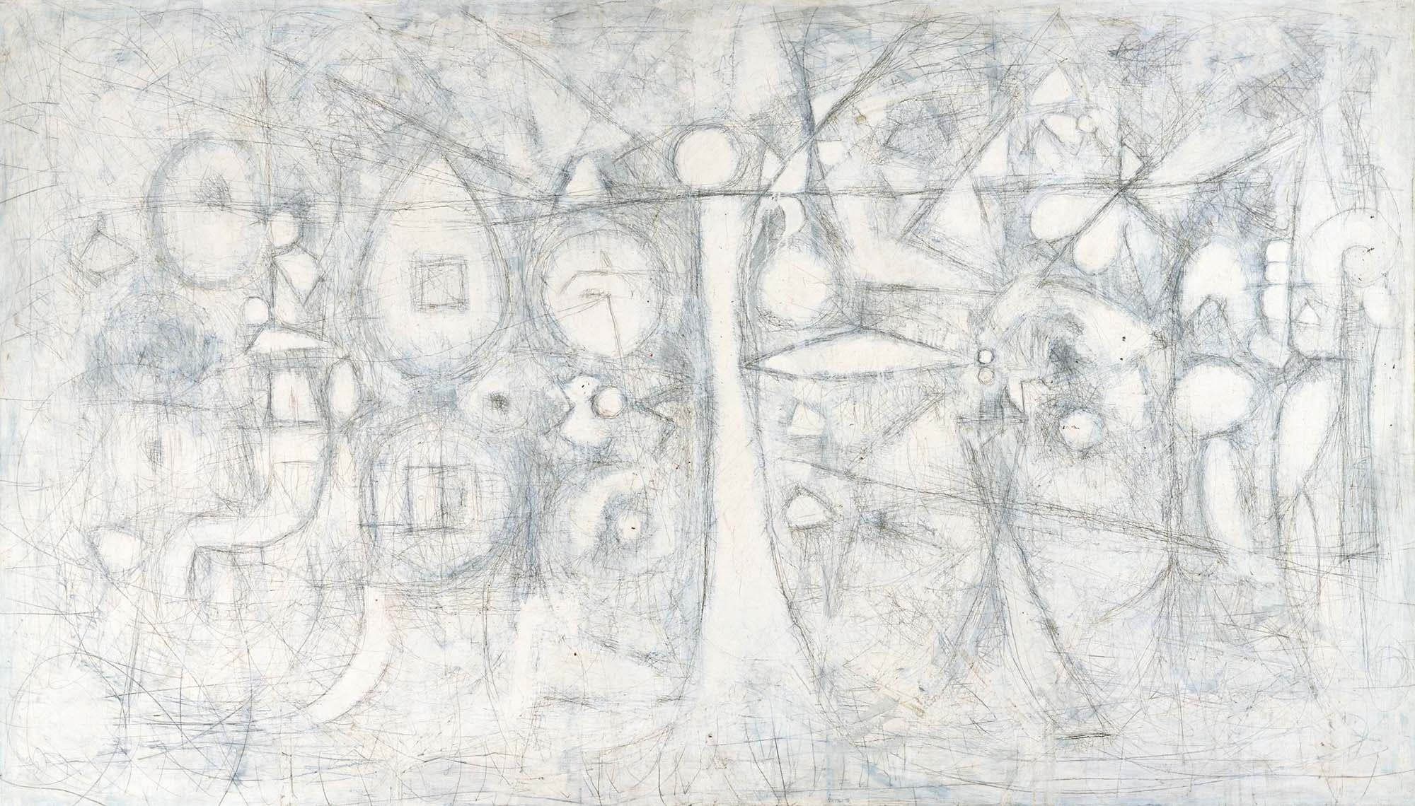 White Garden, Fugue, 1951, Oil and graphite on linen, 48 x 84 in. (121.9 x 213.4 cm)
– The Richard Pousette-Dart Foundation