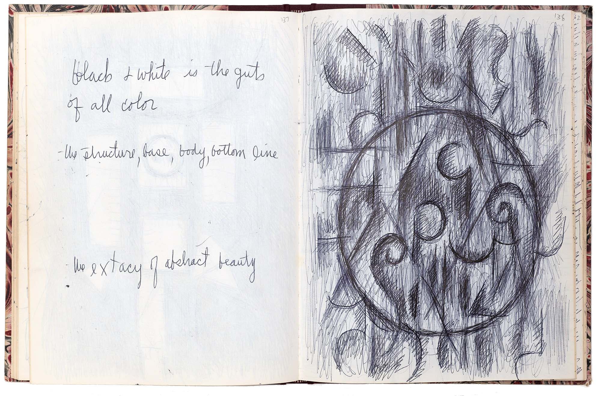 Notebook B-270, 1981, Maroon floral marbled sketch book, 11 X 8 ½ in. (27.9 x 21.6 cm)
– The Richard Pousette-Dart Foundation