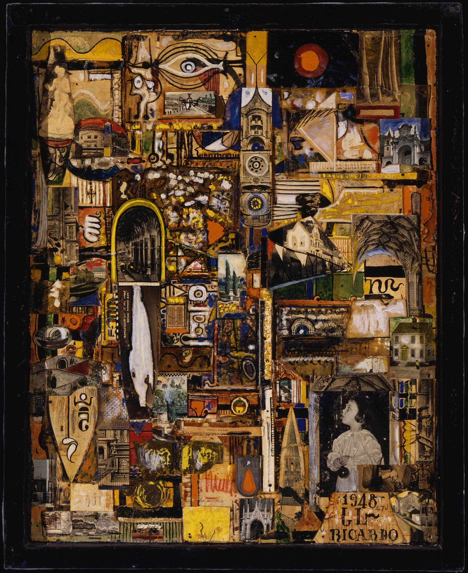 Untitled (Ricardo)
1946–48
Oil ink, graphite and gold leaf on printed paper, gelatin silver print, plastic, board, metal, paper, tinfoil, nails and staple collage on panel
20 x 16 x 1 in. (50.8 x 40.6 x 2.5 cm)
– The Richard Pousette-Dart Foundation