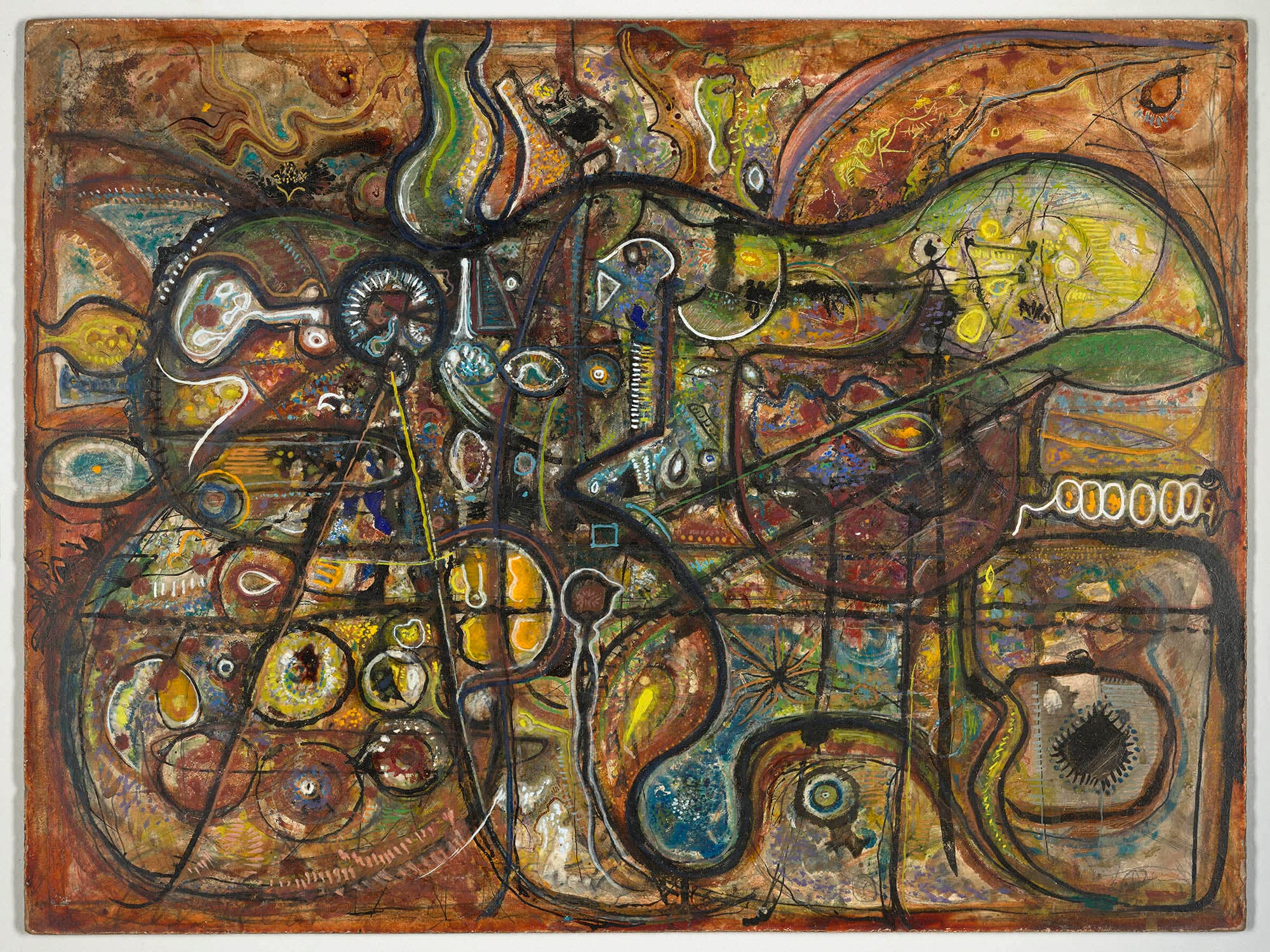 Passacaglia
1941–42
Watercolor and oil on gesso board
18 x 24 in. (45.7 x 61 cm)
The Morgan Library & Museum, New York
– The Richard Pousette-Dart Foundation