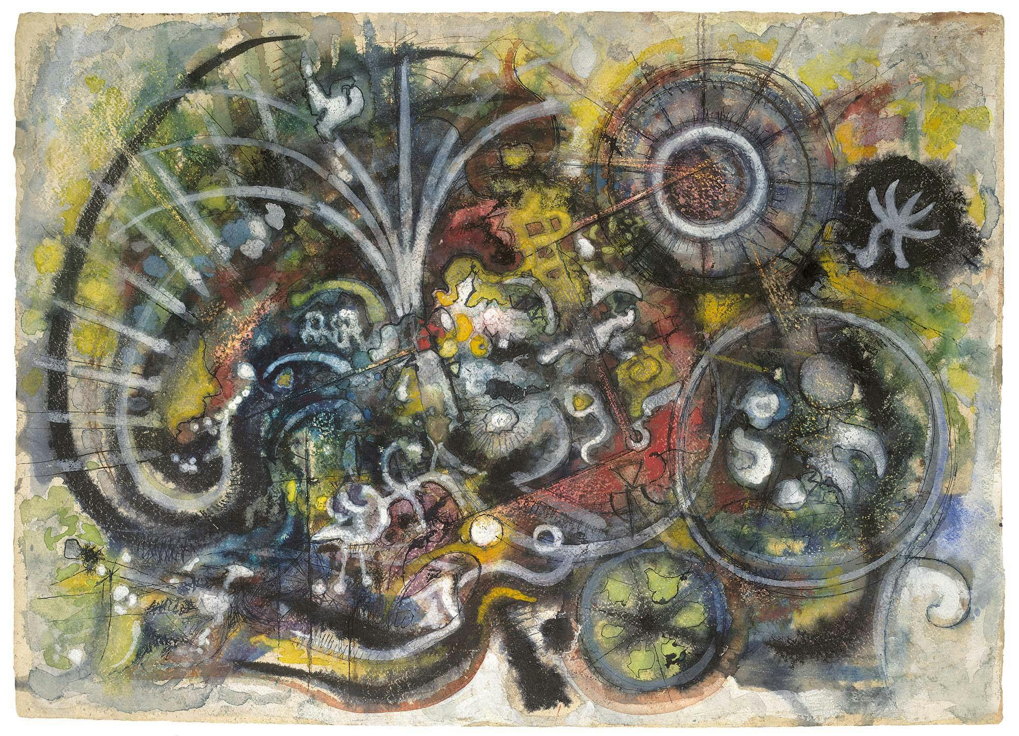 The Boundless Atom
1941–43
Ink oil, gouache, and watercolor on paper
22 3/8 x 31 1/8 in. (56.8 x 79 cm)
Albertina, Vienna, Austria, Permanent loan from the Austrian Ludwig Foundation for Art and Science (DL104r/v)
 – The Richard Pousette-Dart Foundation