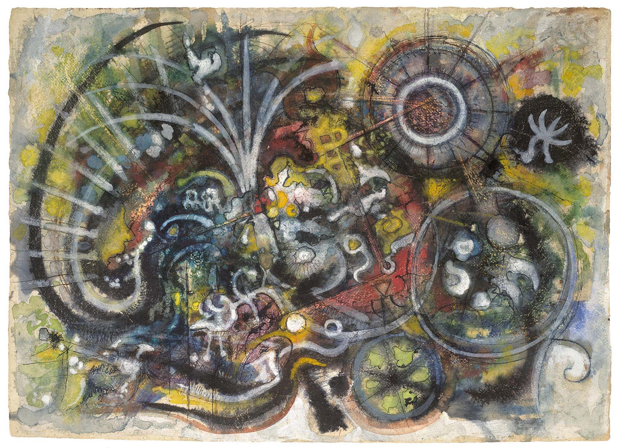 The Boundless Atom, 1941–43, Ink oil, gouache, and watercolor on paper, 22 3/8 x 31 1/8 in. (56.8 x 79 cm)
Albertina, Vienna, Austria, Permanent loan from the Austrian Ludwig Foundation for Art and Science (DL104r/v)
– The Richard Pousette-Dart Foundation