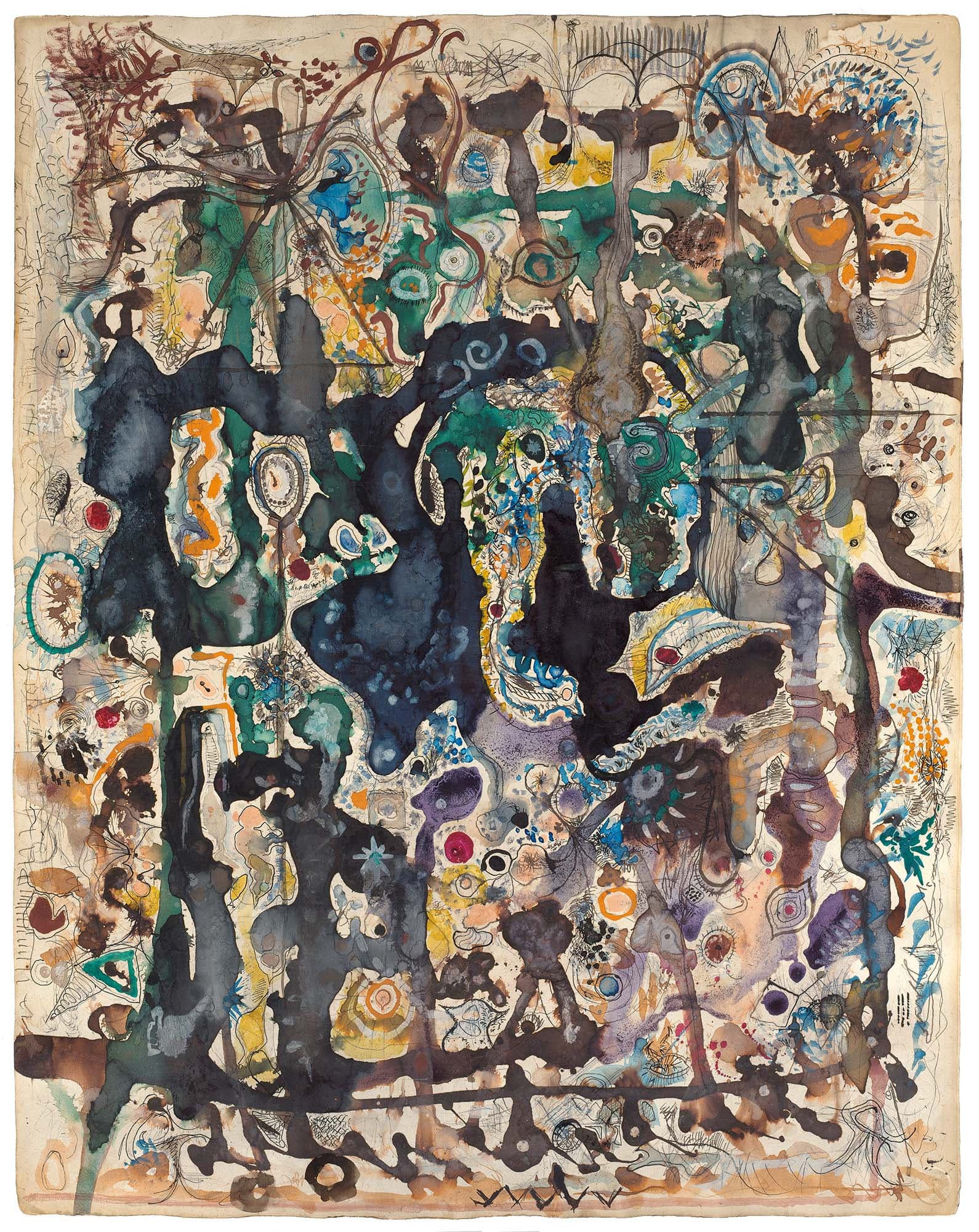 Ionizations III, 1944, Watercolor gouache, graphite, and ink on handmade paper on handmade wove paper, 29 x 22 7/8 in. (73.7 x 58.1 cm)
– The Richard Pousette-Dart Foundation