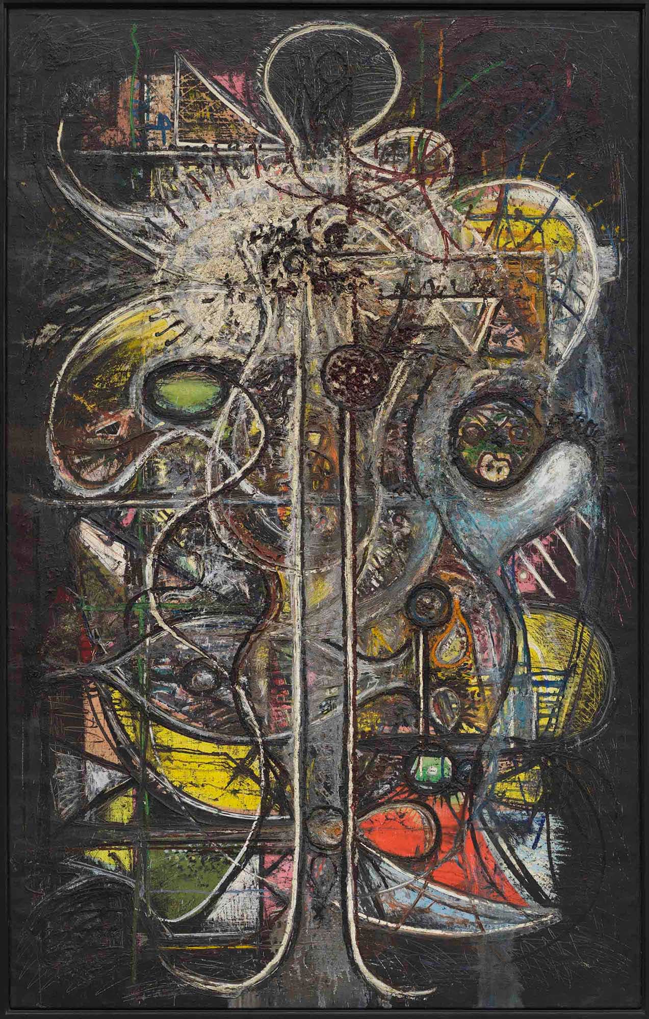 Crucifixion, Comprehension of the Atom, 1944, Oil on linen
77 5/8 x 49 1/8 in. (197.2 x 124.8 cm)
– The Richard Pousette-Dart Foundation