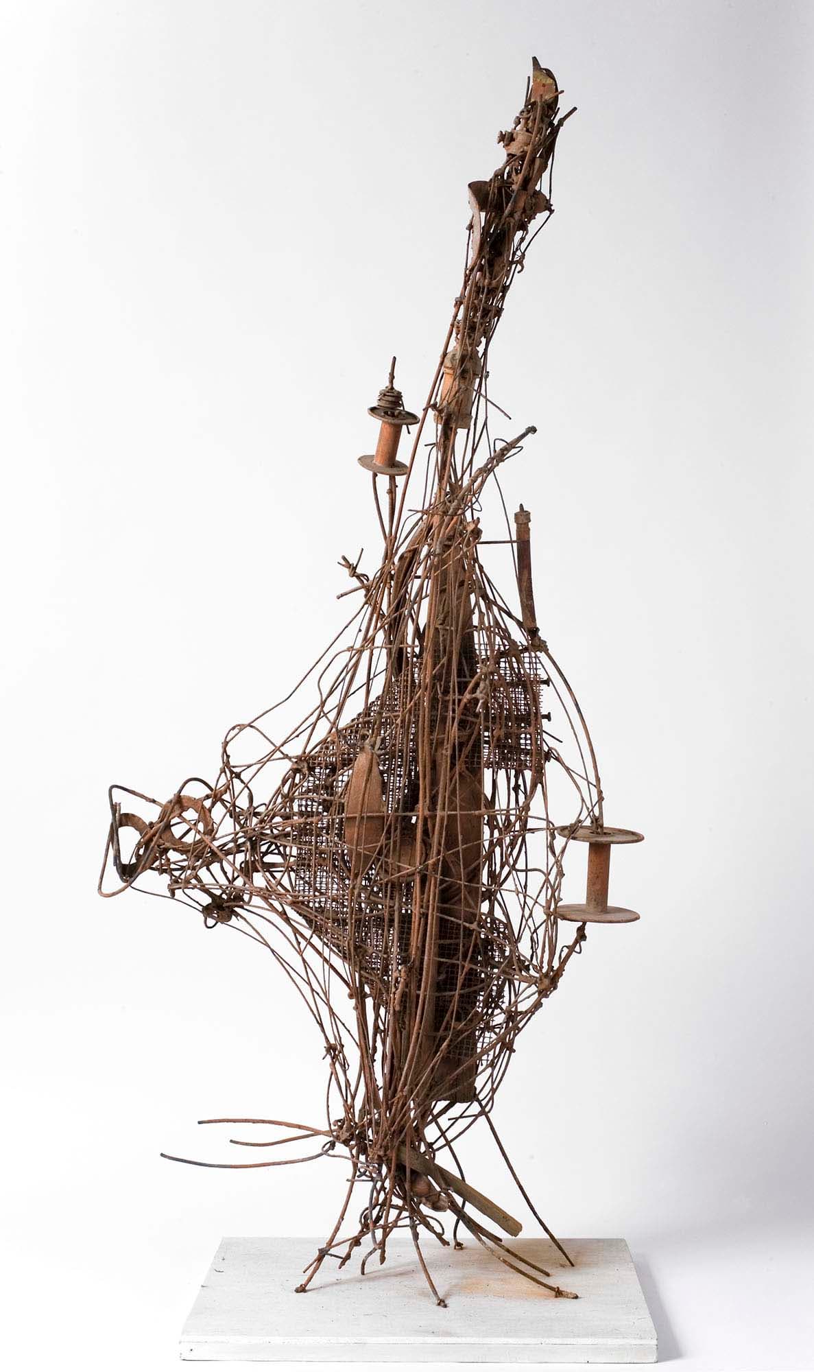 Arc of the Bird (Wire Sculpture #6), 1950, Steel wire and found objects, painted orange, 49 x 23 x 14 in. (124.5 x 58.4 x 35.6 cm)
– The Richard Pousette-Dart Foundation