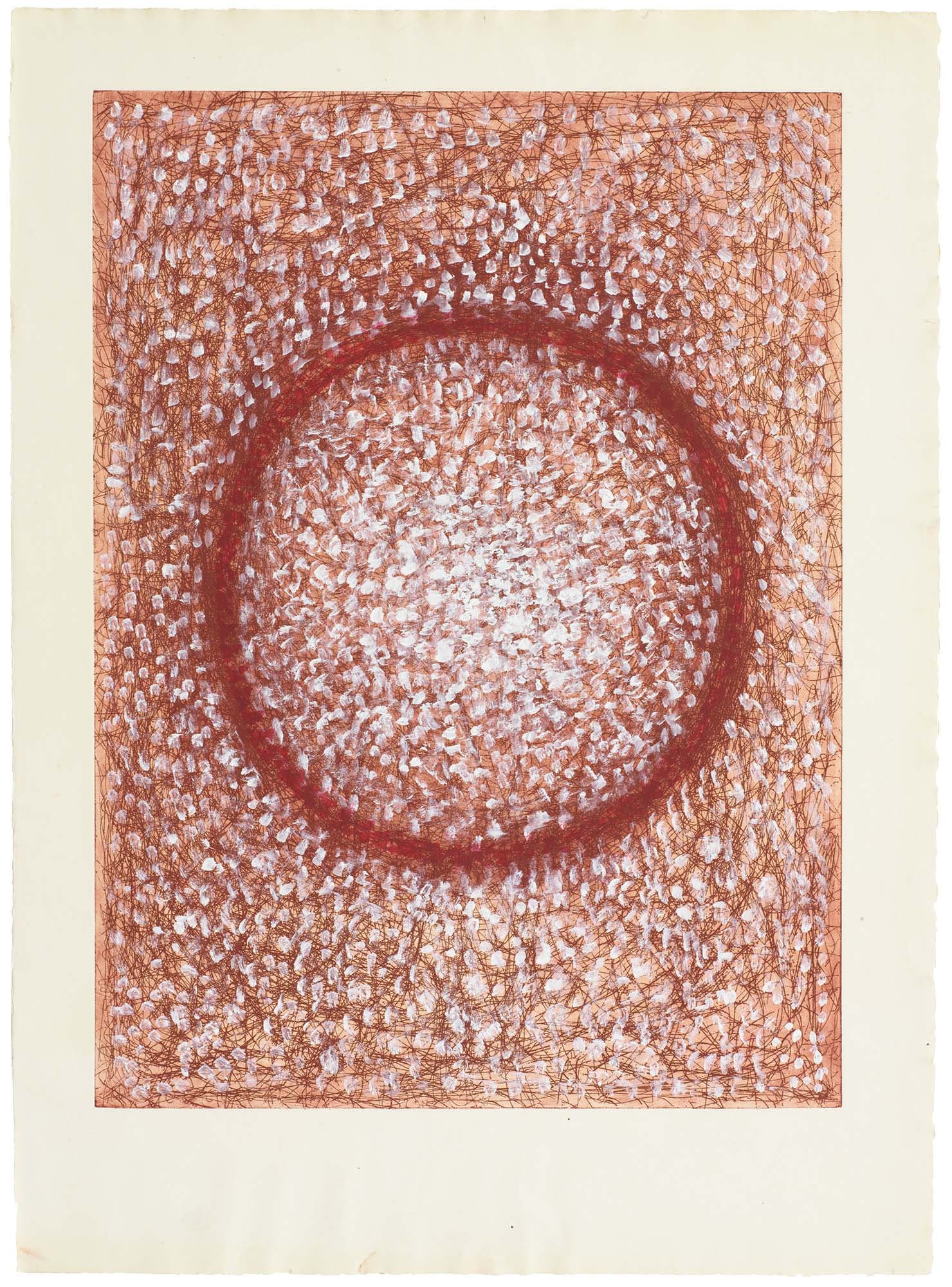 Indian Circle, 1980, Etching with gouache and acrylic, 21 1/2 x 29 1/2 in. (54.6 x 74.9 cm), Plate: 17 1/2 x 23 3/4 in. (44.5 x 60.3 cm), Sheet: 21 3/4 x 29 1/2 in. (55.2 x 74.9 cm)
– The Richard Pousette-Dart Foundation