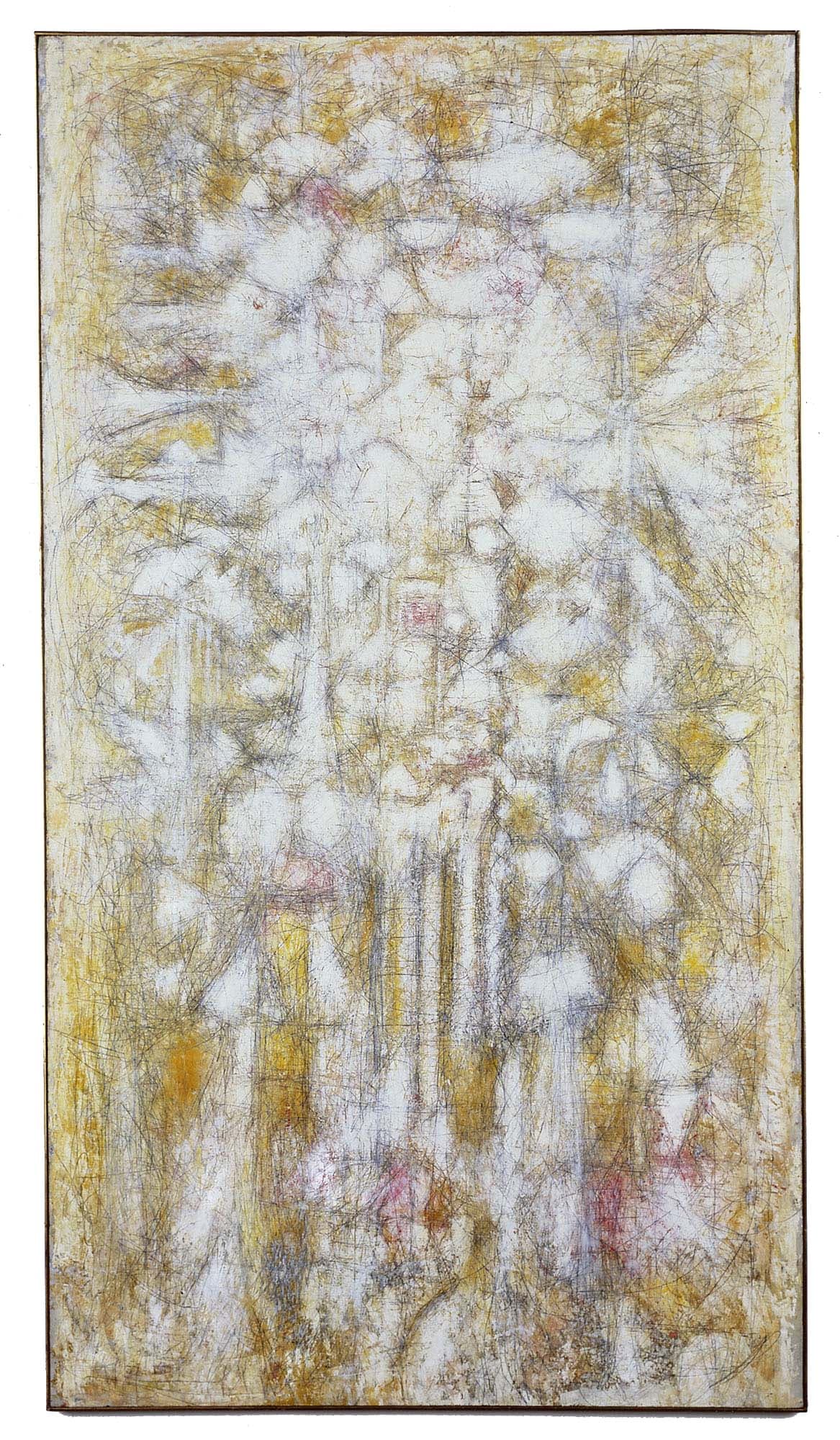 Golden Dawn, 1952
Oil and graphite on linen, 93 1/2 x 51 1/2 in. (237.5 x 130.8 cm)
North Carolina Museum of Art, Raleigh, N.C., Bequest of Fannie and Alan Leslie (2006.21.16)
– The Richard Pousette-Dart Foundation