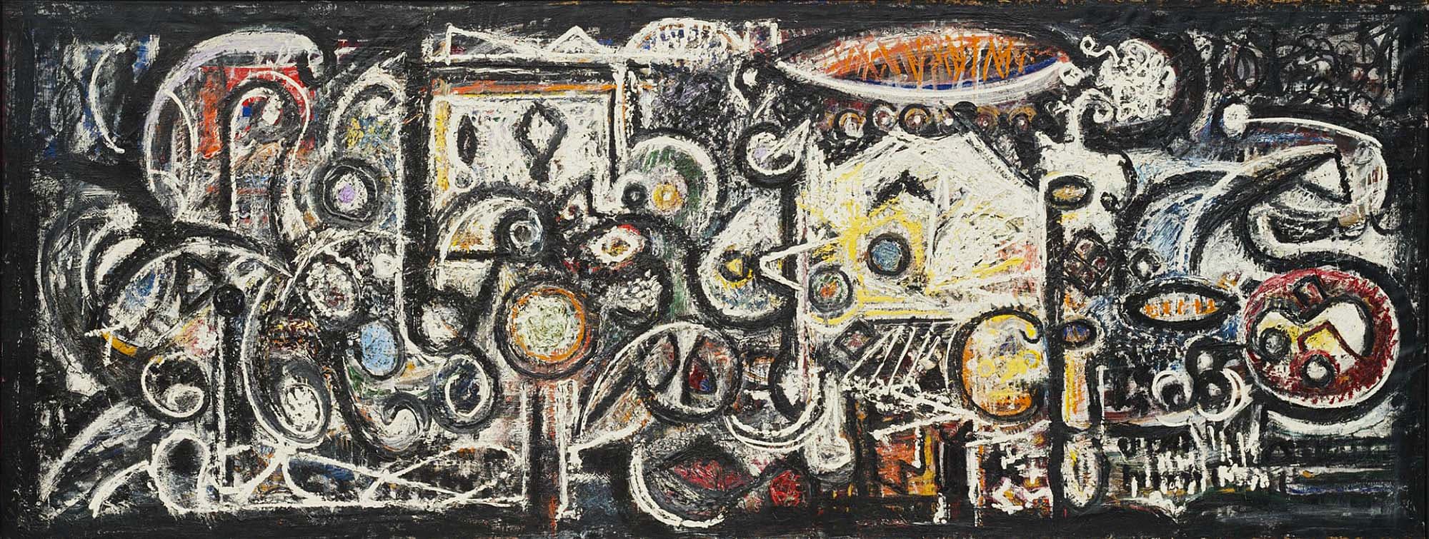 Fugue Number 2, 1943, Oil and sand on canvas, 41 1/8 x 106 1/2 in. (104.2 x 270.4 cm)
The Museum of Modern Art, New York, Given anonymously (1100.1969)
– The Richard Pousette-Dart Foundation
