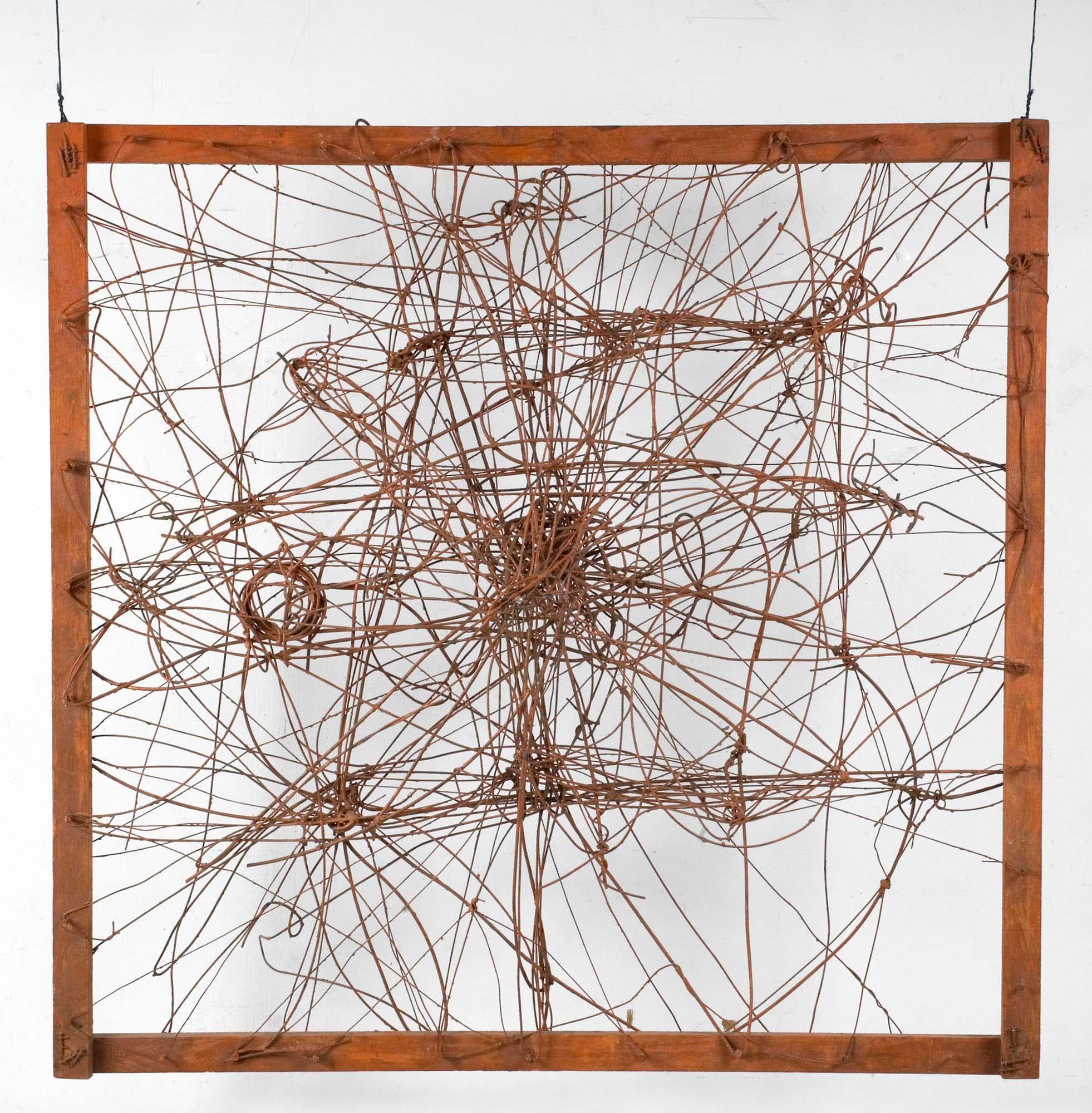 Untitled (The Web and, Wall Sculpture), 1950, Steel wire and wood frame, painted orange, 50 x 50 x 18 in. (127 x 127 x 45.7 cm)
– The Richard Pousette-Dart Foundation